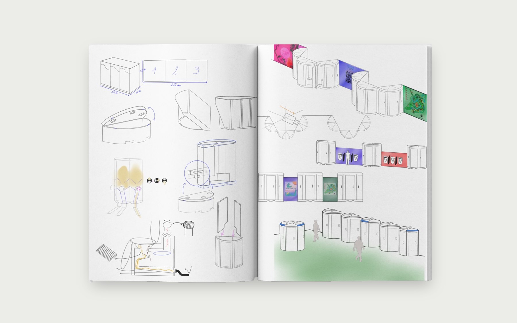 Sketchbook spread with concept sketches of the toilet, the compost system and possible configurations