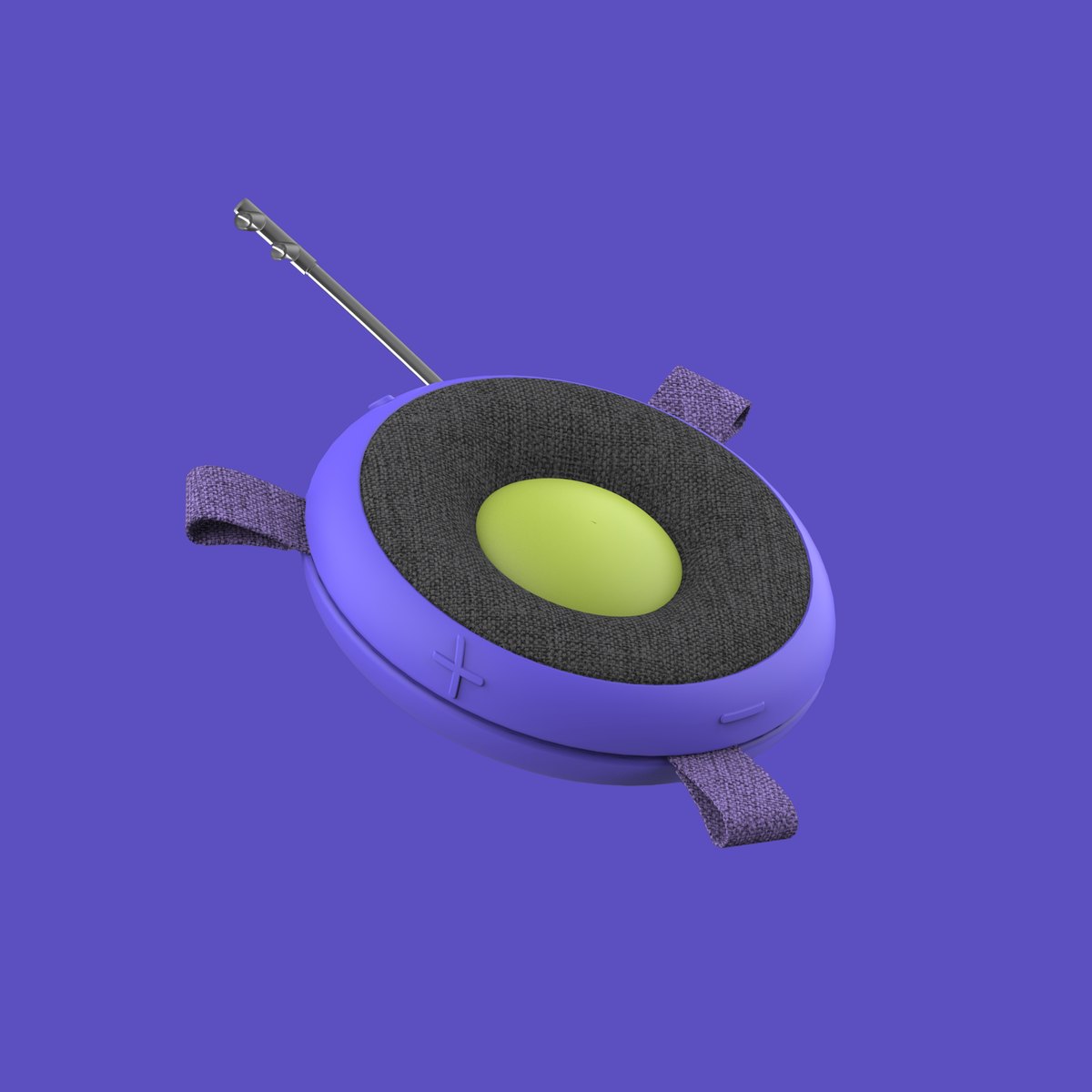 Render of a purple round device with fabric straps on a purple background