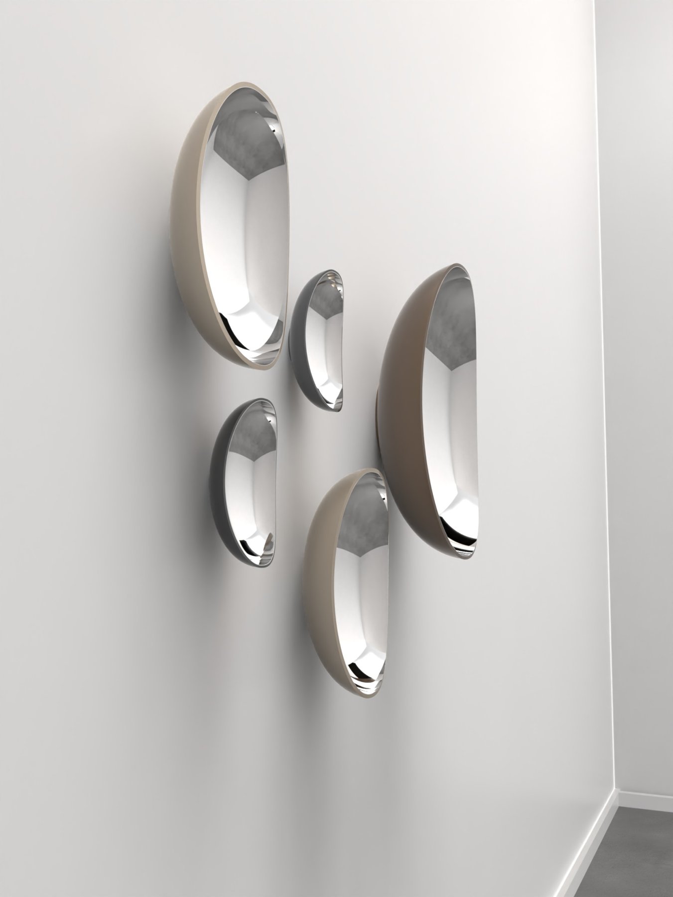 Render of five egg-shaped mirrors in beige, grey and brown on a wall