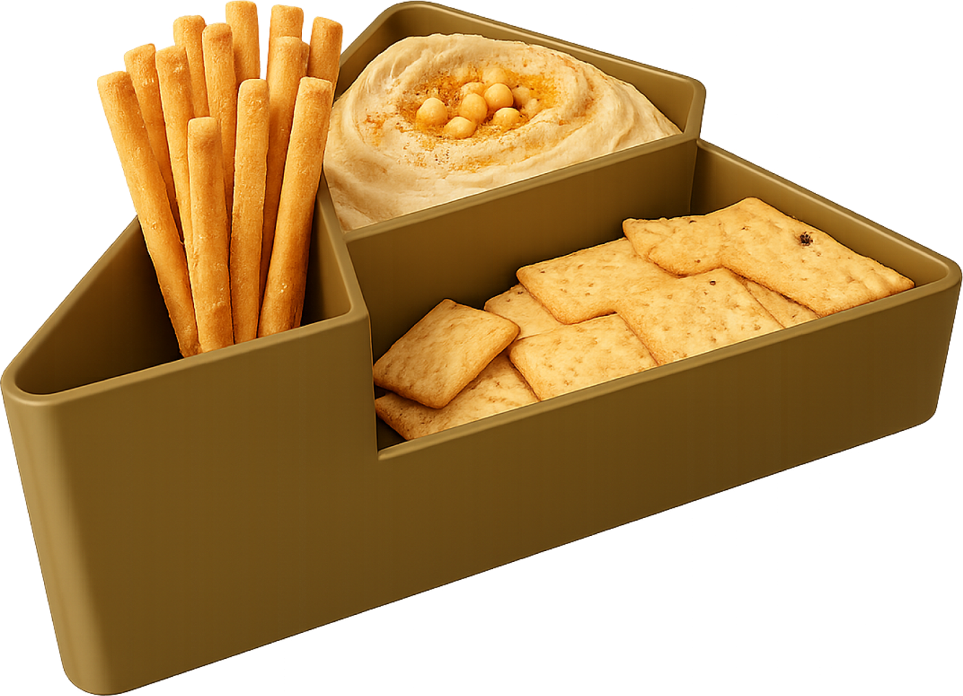 Triangular aperitif plate with breadsticks, hummus and crackers