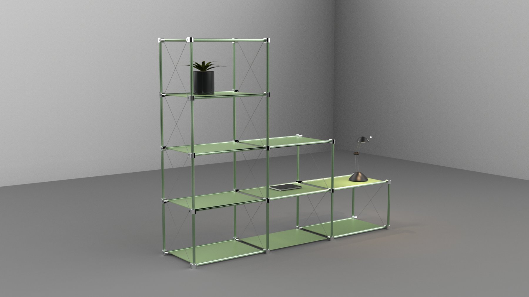 Render of a green stepped BONAN shelf with a plant, notebook and lamp