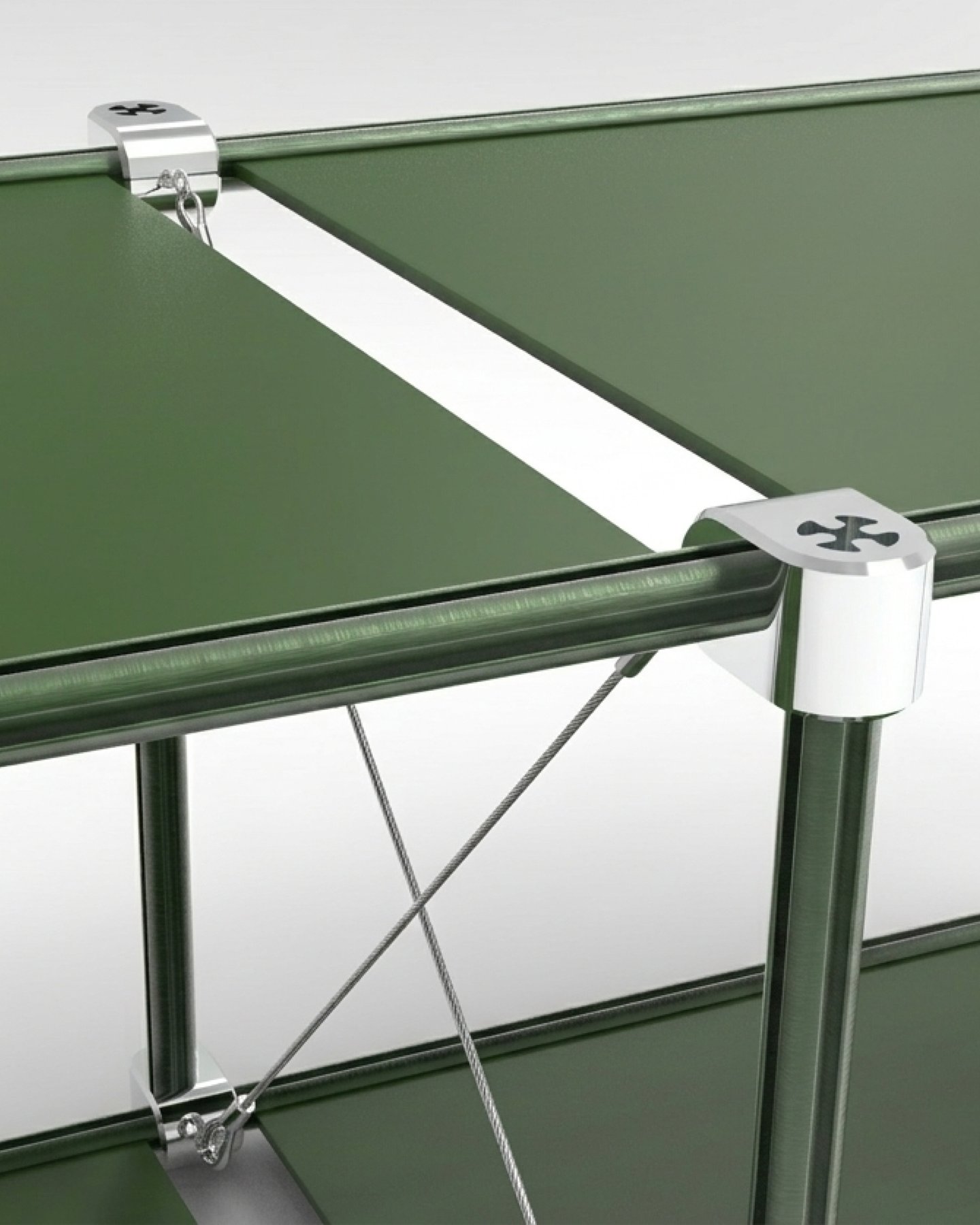 Close-up of a green shelf with connectors and crossed steel cables