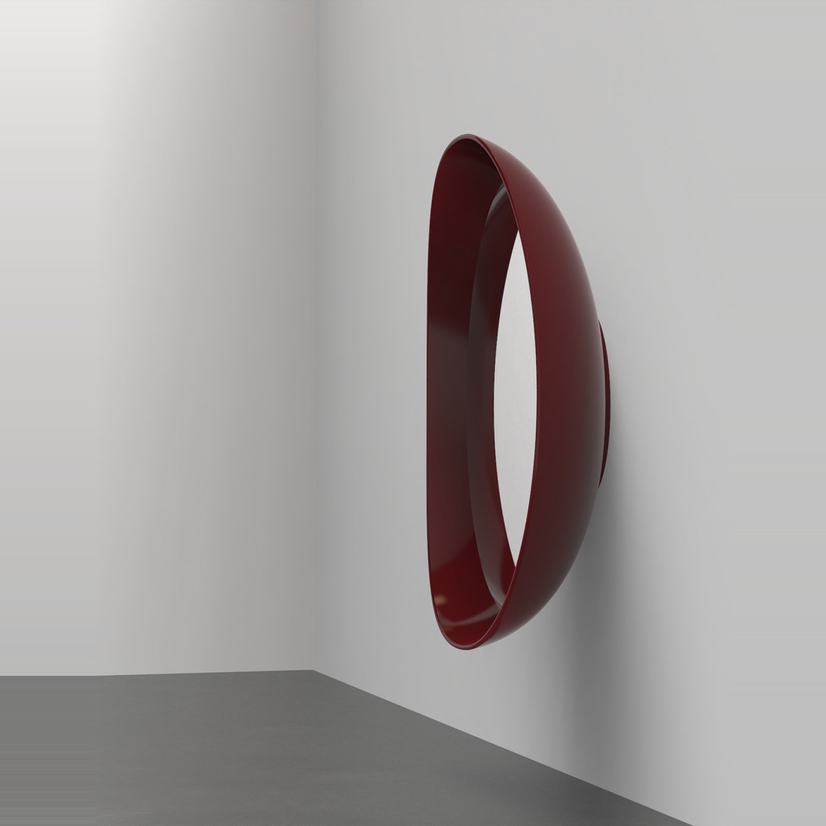 Render of a deep red oval ring mounted on a wall