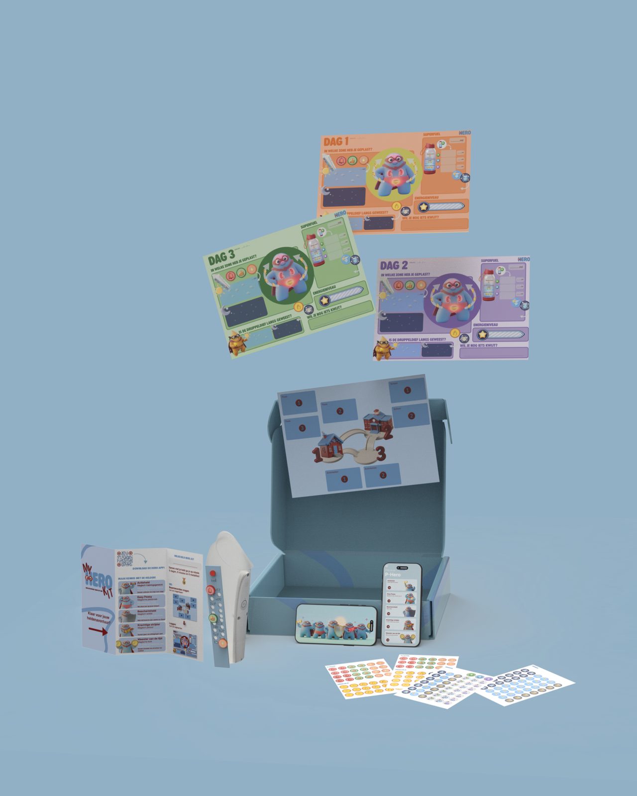 The complete HERO kit: box, log cards, folder, Minze Diary Pod with add-on, app and stickers