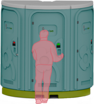 Festival attendee entering a cabin