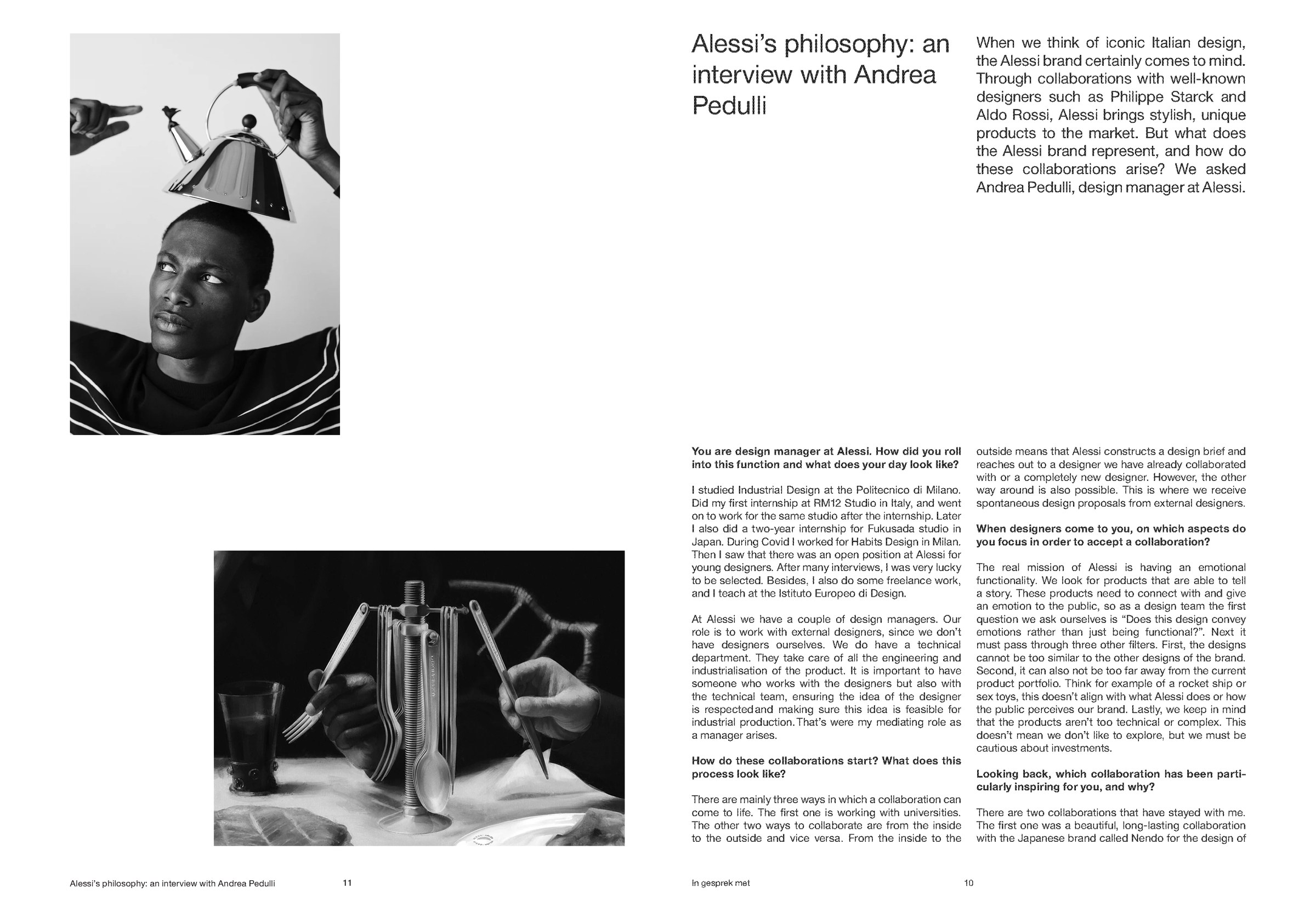 Magazine spread with an interview with Andrea Pedulli of Alessi