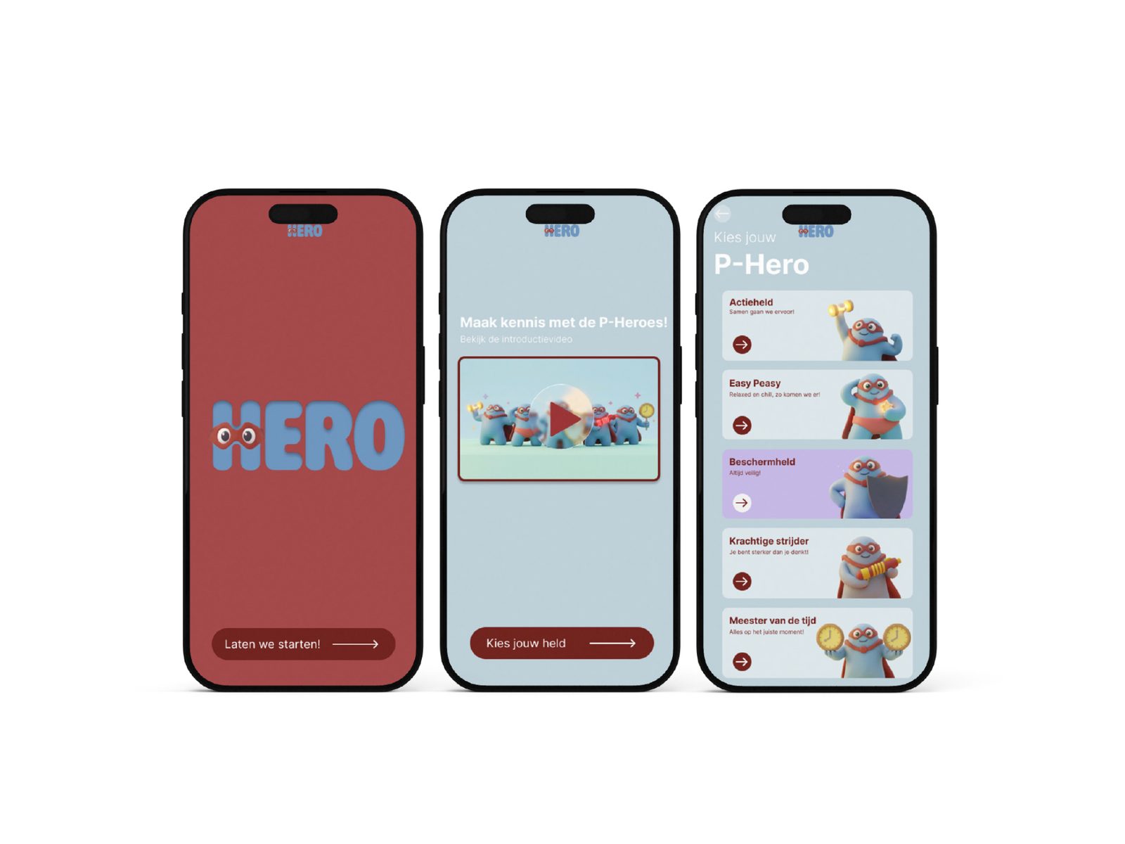 Three app screens: the HERO start screen, the introduction video and choosing your P-Hero