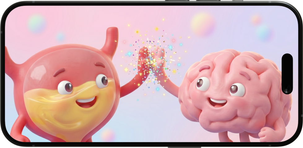 Still from the introduction video: a cheerful bladder and brain giving each other a high five