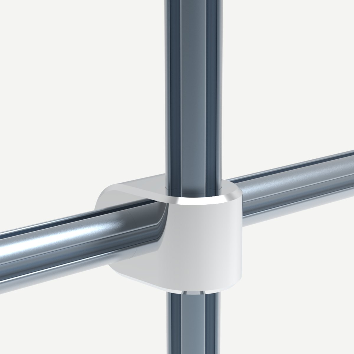 Render of a white clamp connecting two metal tubes