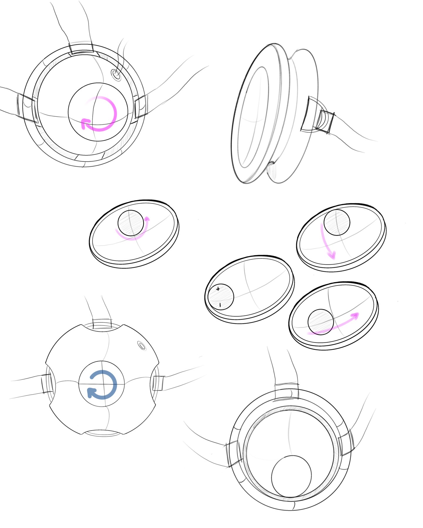 Sketches of round device shapes with straps and button interactions