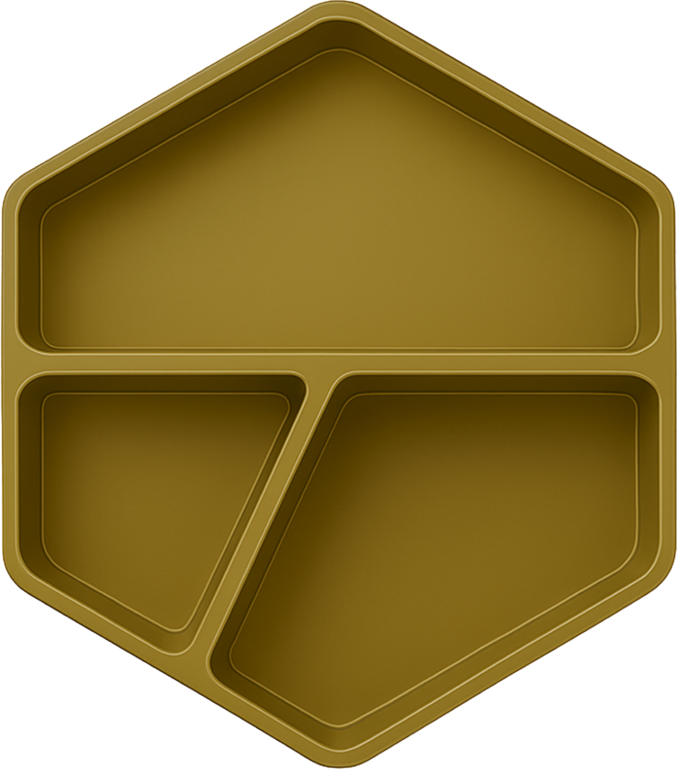 Hexagonal plate with three compartments, top view