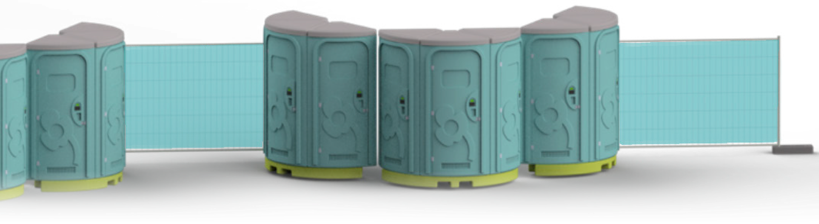Half-round Ecoloo units lined up along a fence
