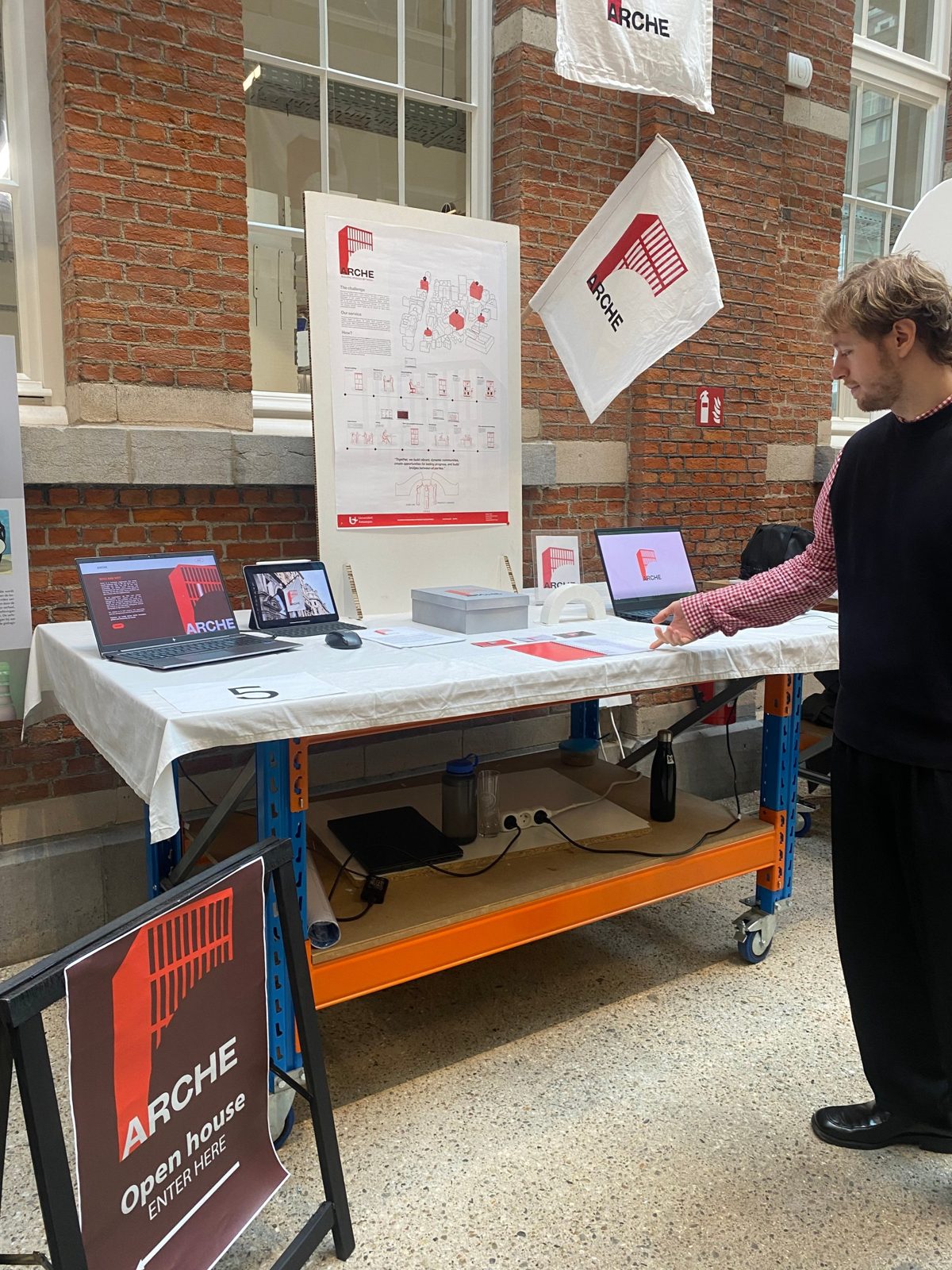 Presenting the ARCHE stand with the Open house sign