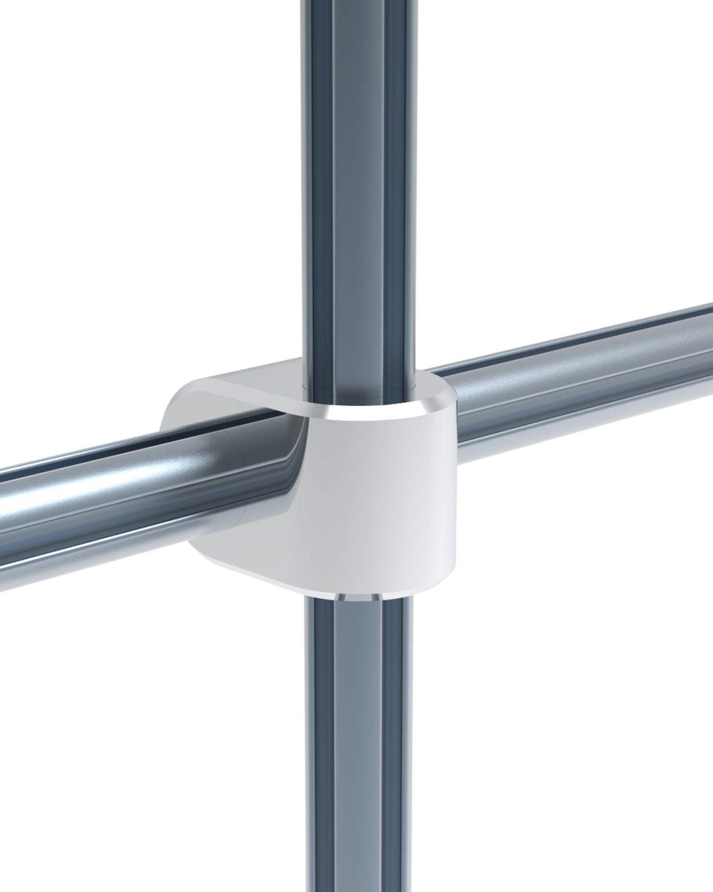 Close-up of a white connector joining a vertical and a horizontal tube