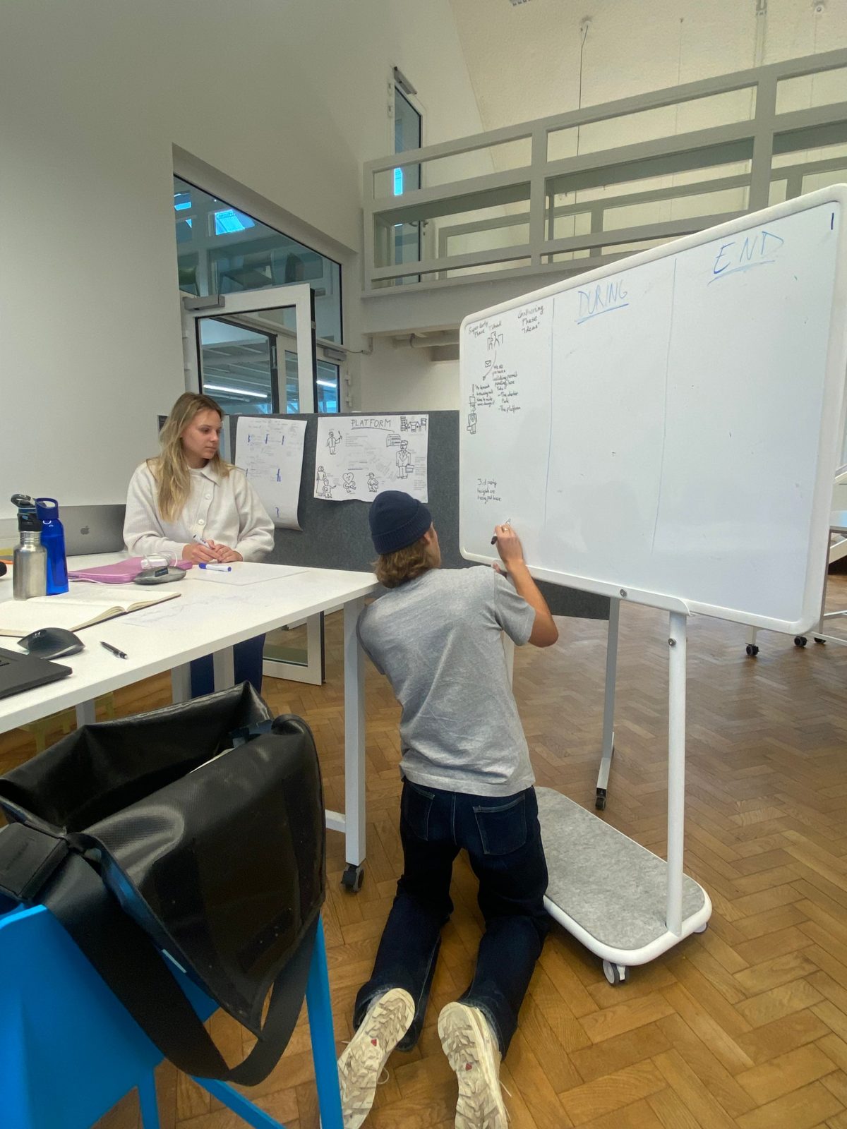 Team member sketching the user journey on a whiteboard