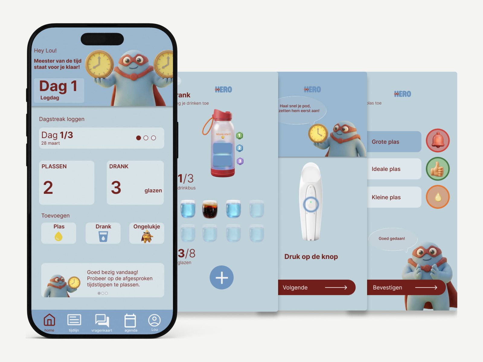 App flow for logging: day overview, adding drinks, using the pod and choosing the urination level