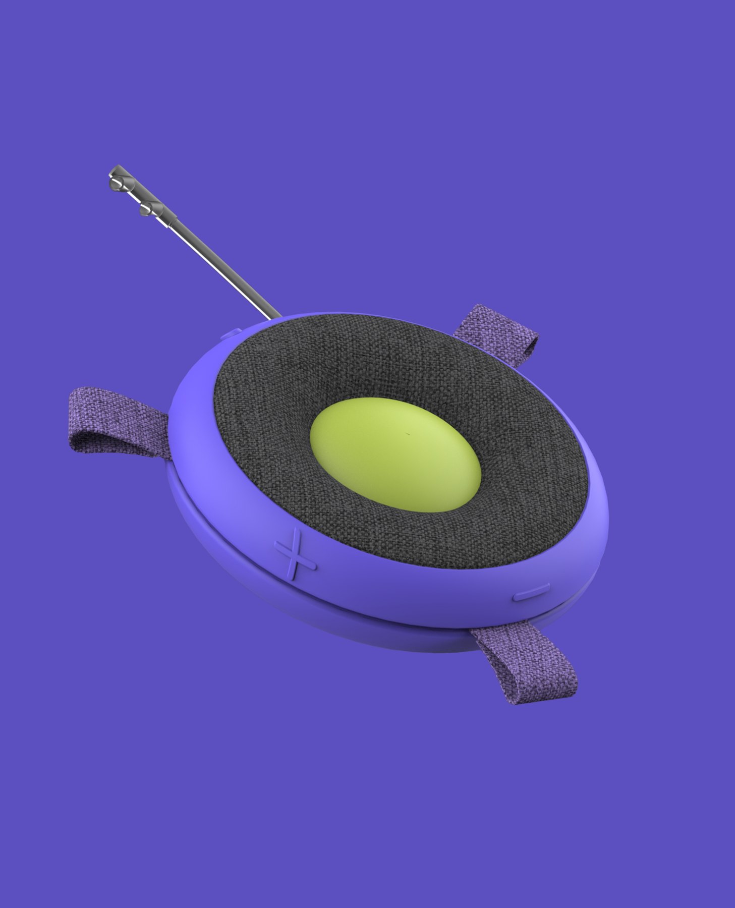 Render of Oxi: purple housing, grey fabric speaker and a lime green button