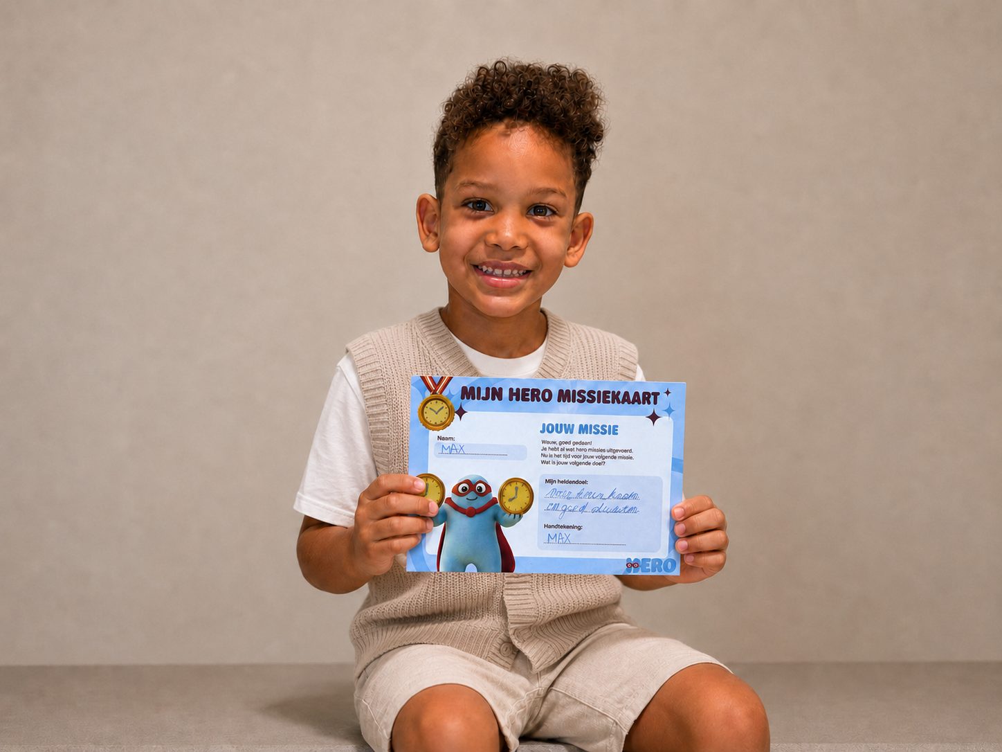 Child proudly showing his completed HERO mission card