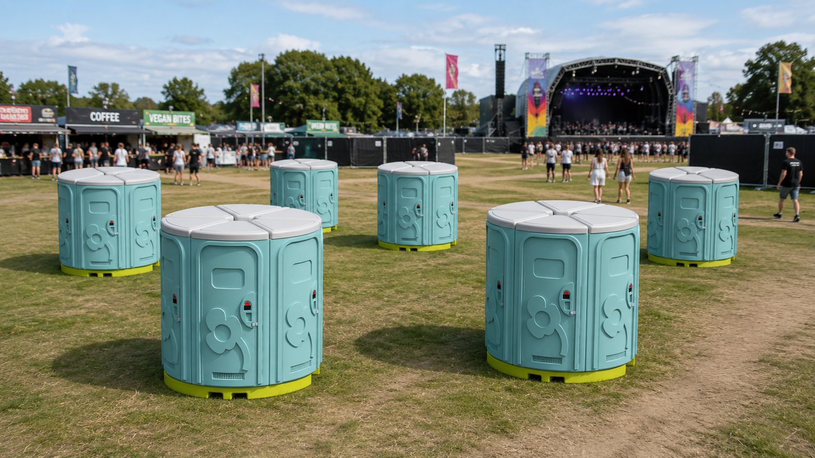 Round Ecoloo toilet units spread over a festival site in front of a stage