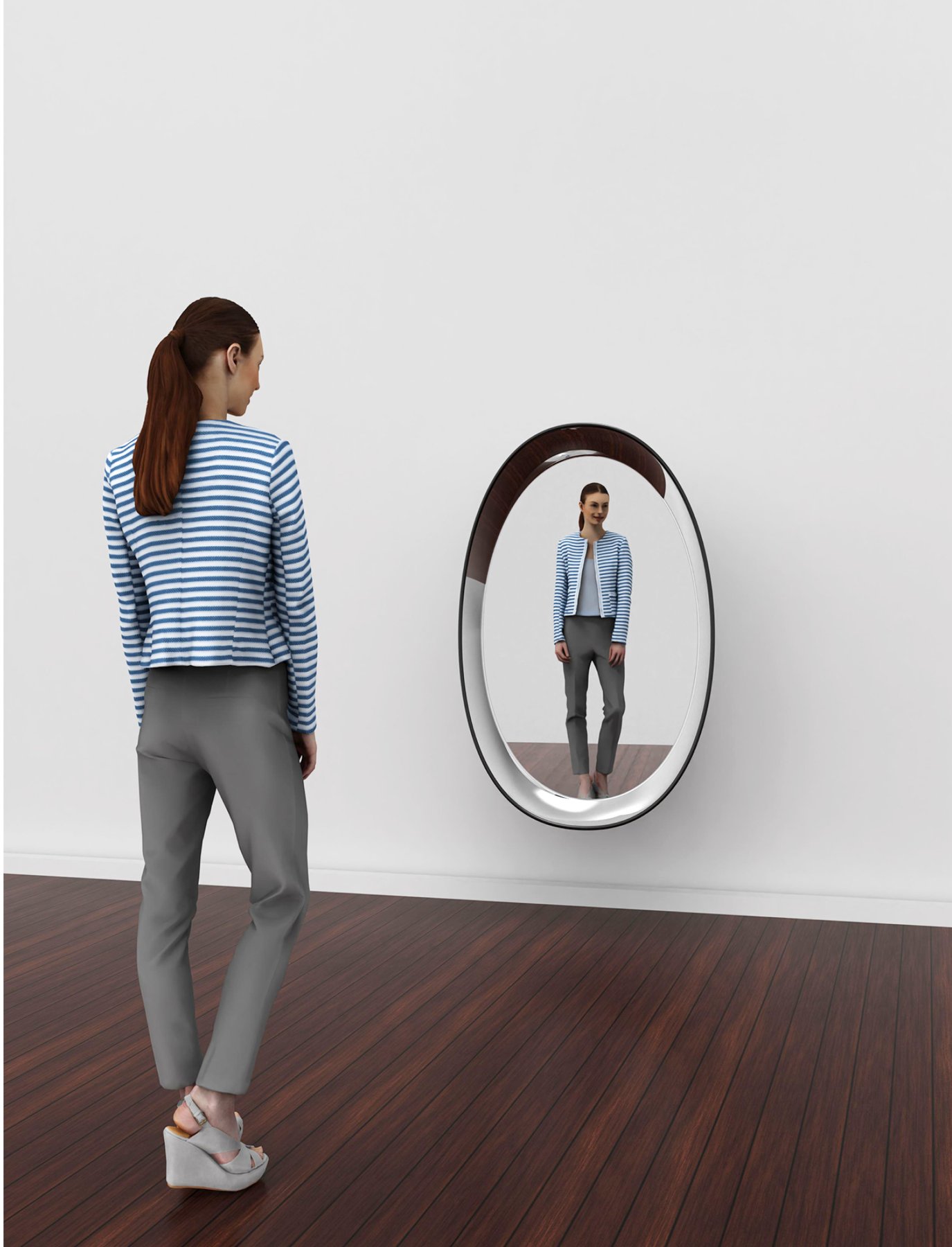Woman standing in front of a full-length egg-shaped mirror