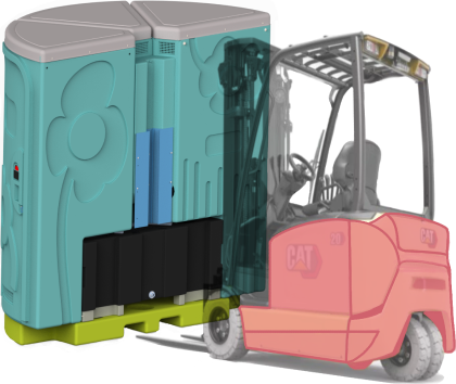 Forklift removing the waste tank from underneath a unit