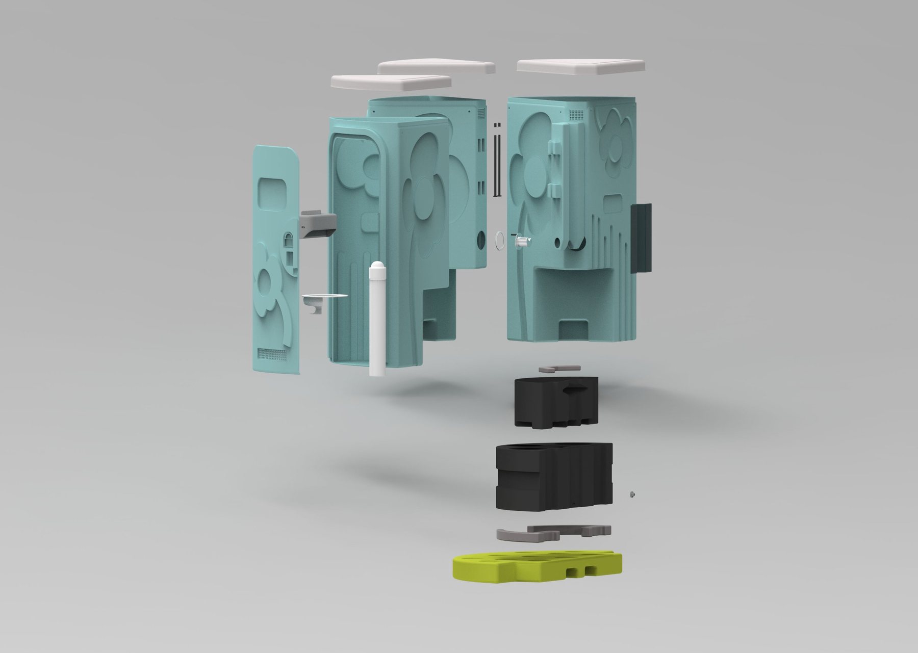 Exploded view of Ecoloo showing roofs, cabin modules, door, tanks, support block and bottom plate