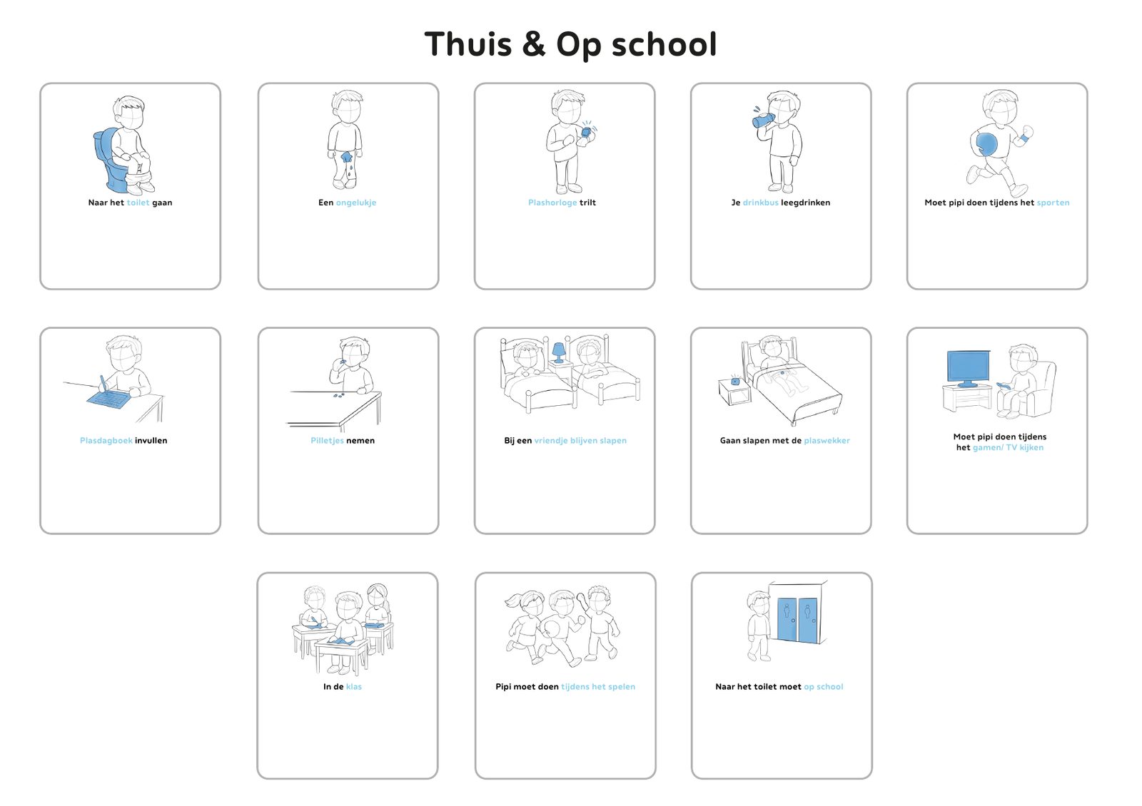 Picture cards of recognisable situations at home and at school