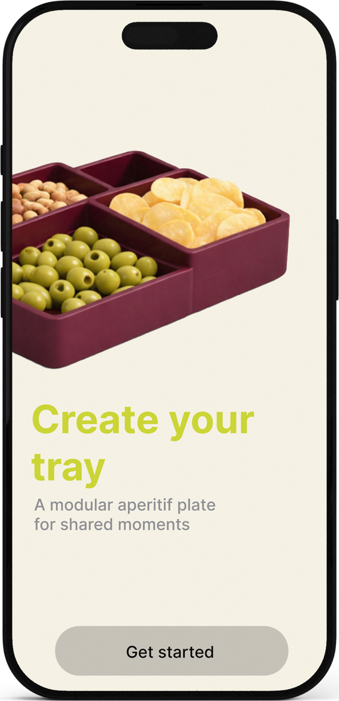 App start screen: Create your tray, a modular aperitif plate for shared moments