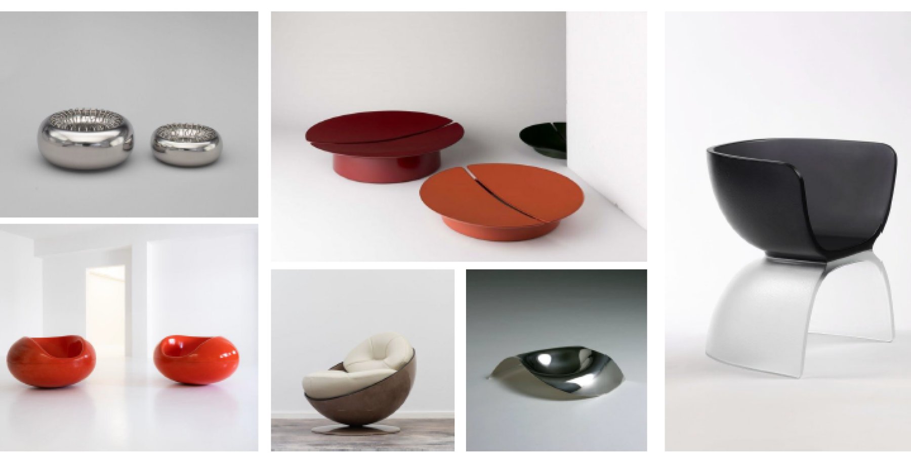 Moodboard with chrome objects, red and orange tables and rounded pod chairs