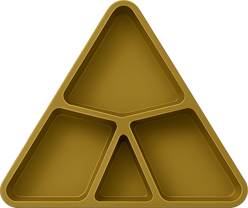 Triangular plate with four compartments, top view
